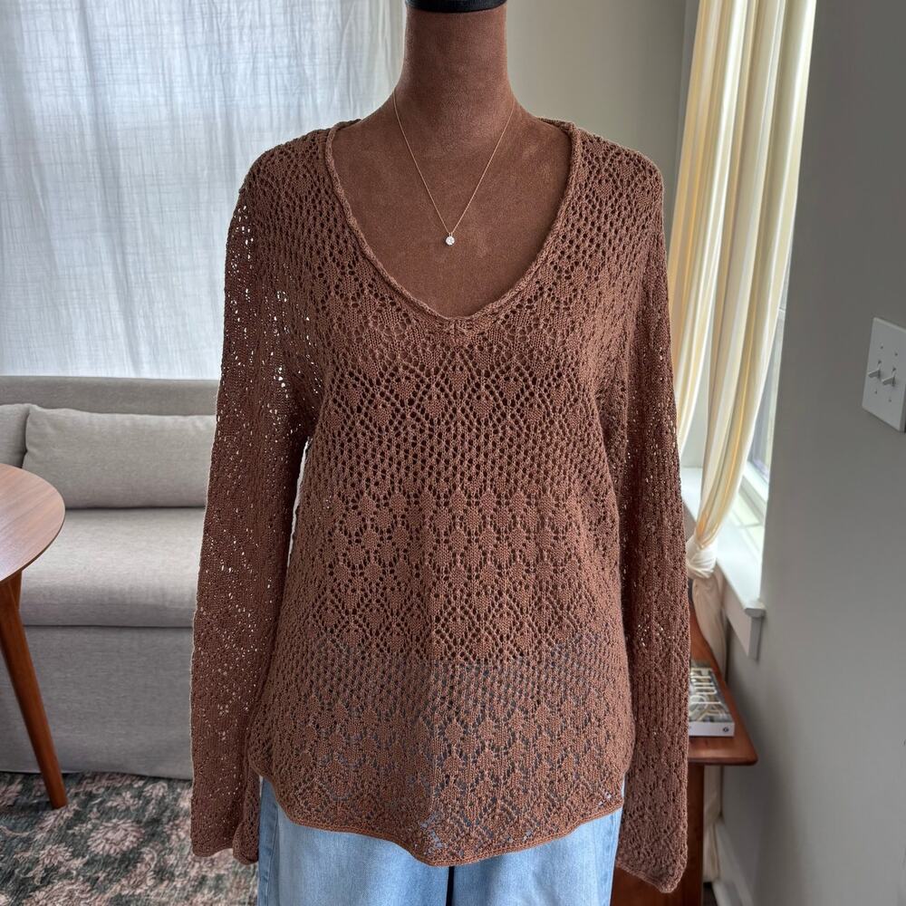 90s Vintage Apostrophe Brown Open Knit Crochet Sweater Ramie Cotton Boho Top XL